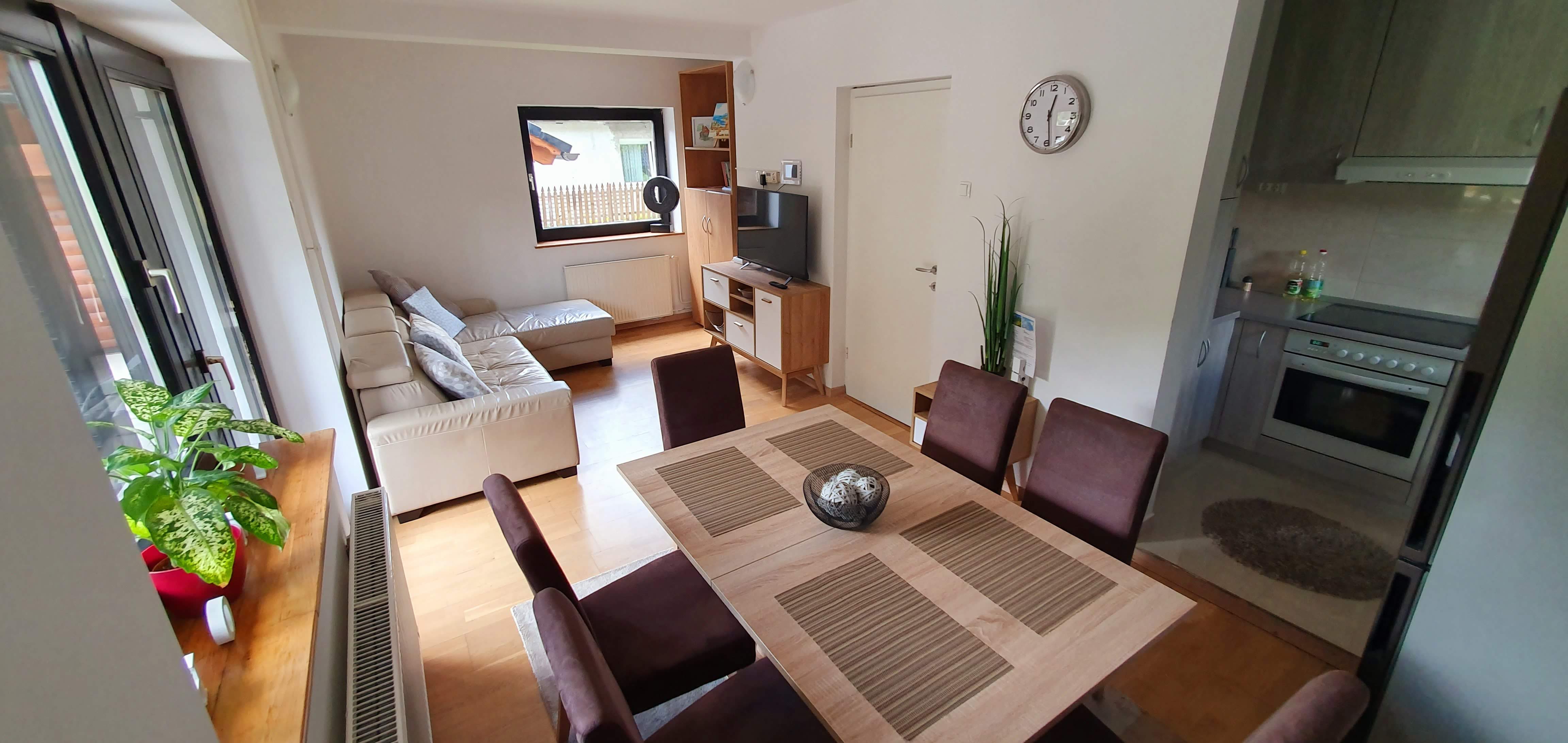 Open-plan living, dining, and kitchen area